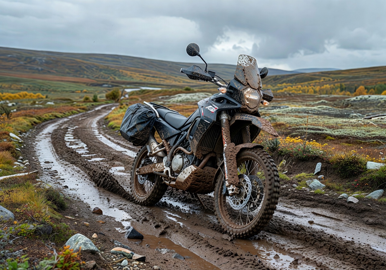 Adventure dual sport bike dirty from Lapland mud paths