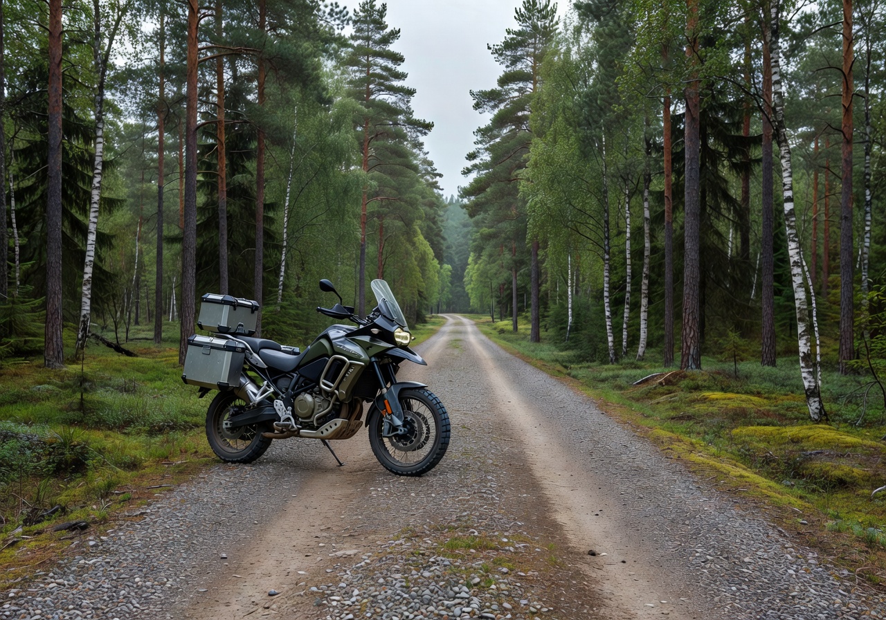 Adventure motorcycle on isolated gravel road in Finland