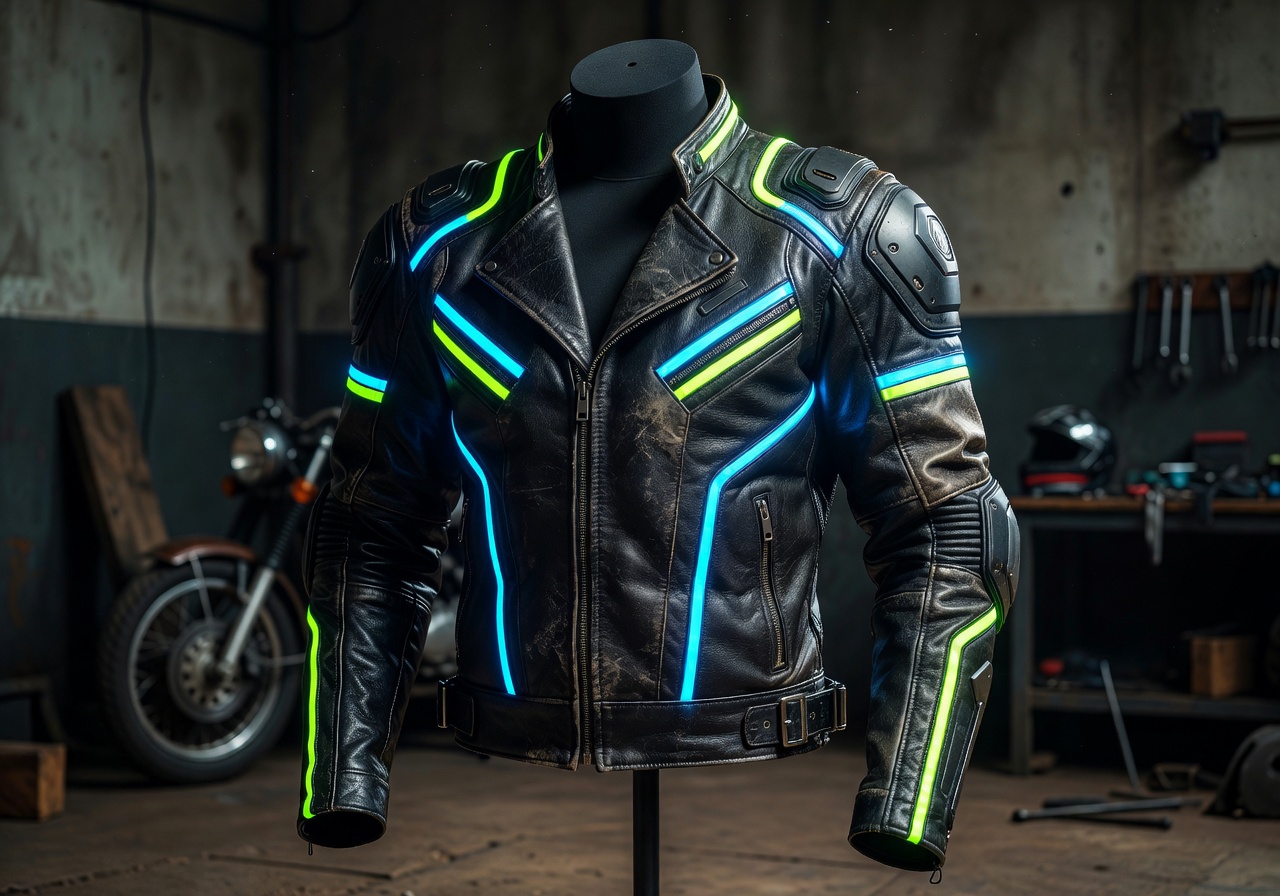 Armored leather riding jacket with neon strips