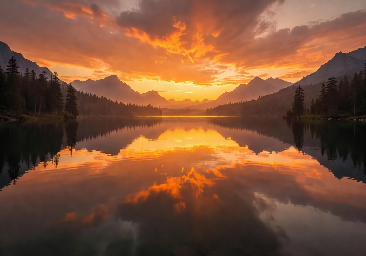 Breathtaking mirror lake reflection with beautiful orange twilight sunset