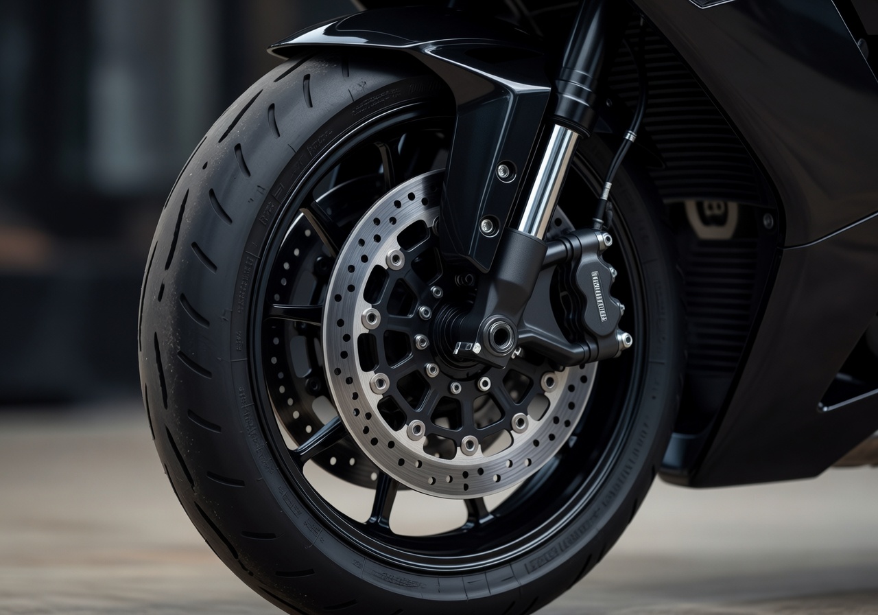Close-up of clean sport motorcycle tires and front disc brake