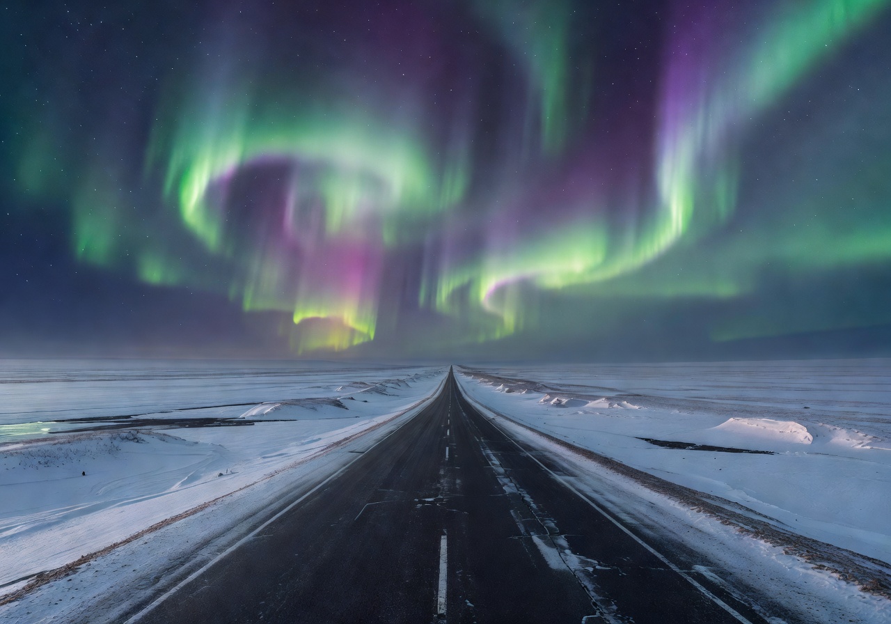 Empty vast highway in Arctic northern light region