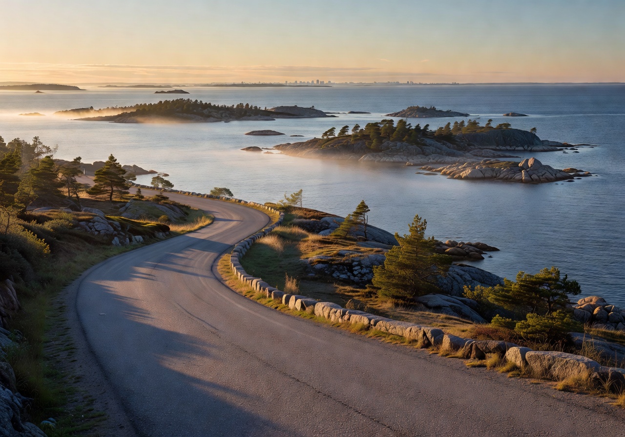 Helsinki Coastal archipelago asphalt road looking over the sea