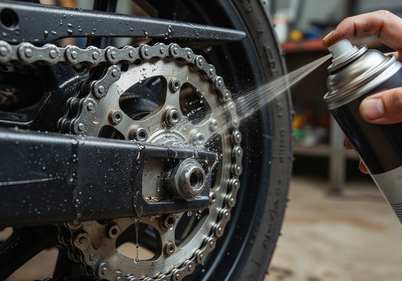 Motorcycle chain getting sprayed with high performance lubricant