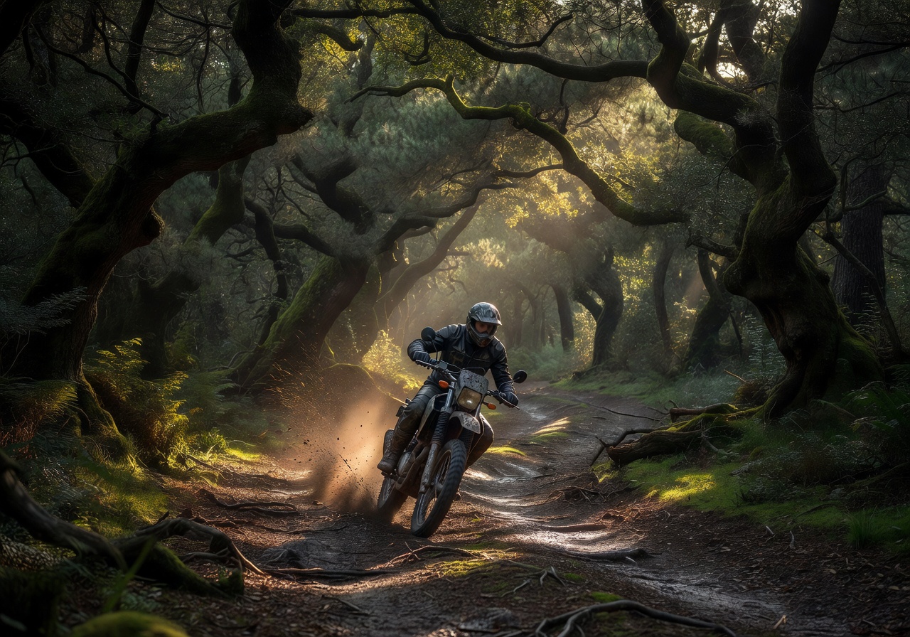 Motorcycle rider crossing the forest path under dense trees