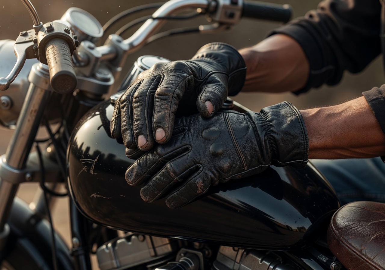 Motorcycle rider leather gloves resting on bike tank