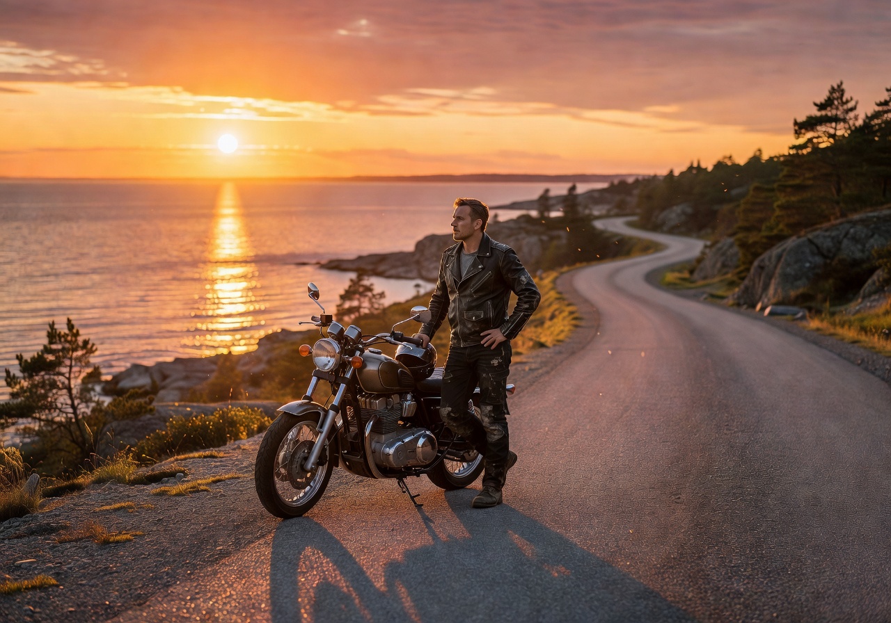 Motorcycle rider posing on coastal Finnish highway during golden sunset