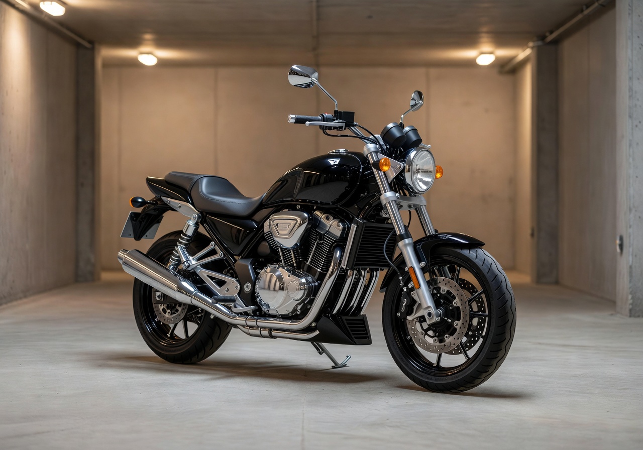 Motorcycle standing pristine inside dry heated underground winter storage facility