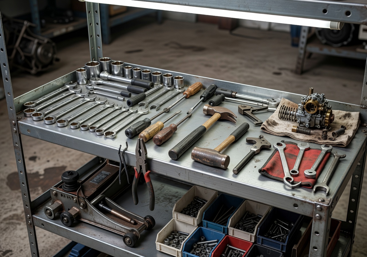 Motorcycle tools and equipment ready on a workshop shelf