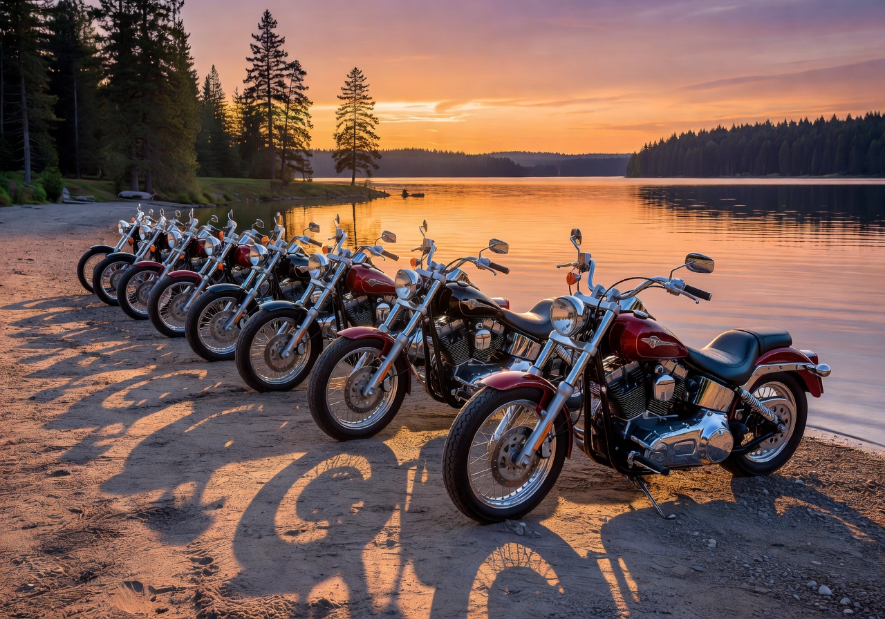 Multiple cruiser motorcycles lined up near lake edge
