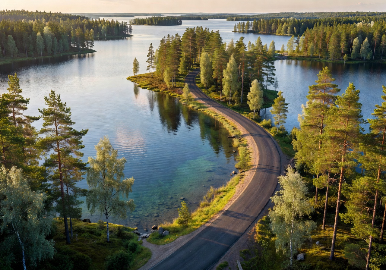 Pristine lakes in Finland's beautiful central region with road border