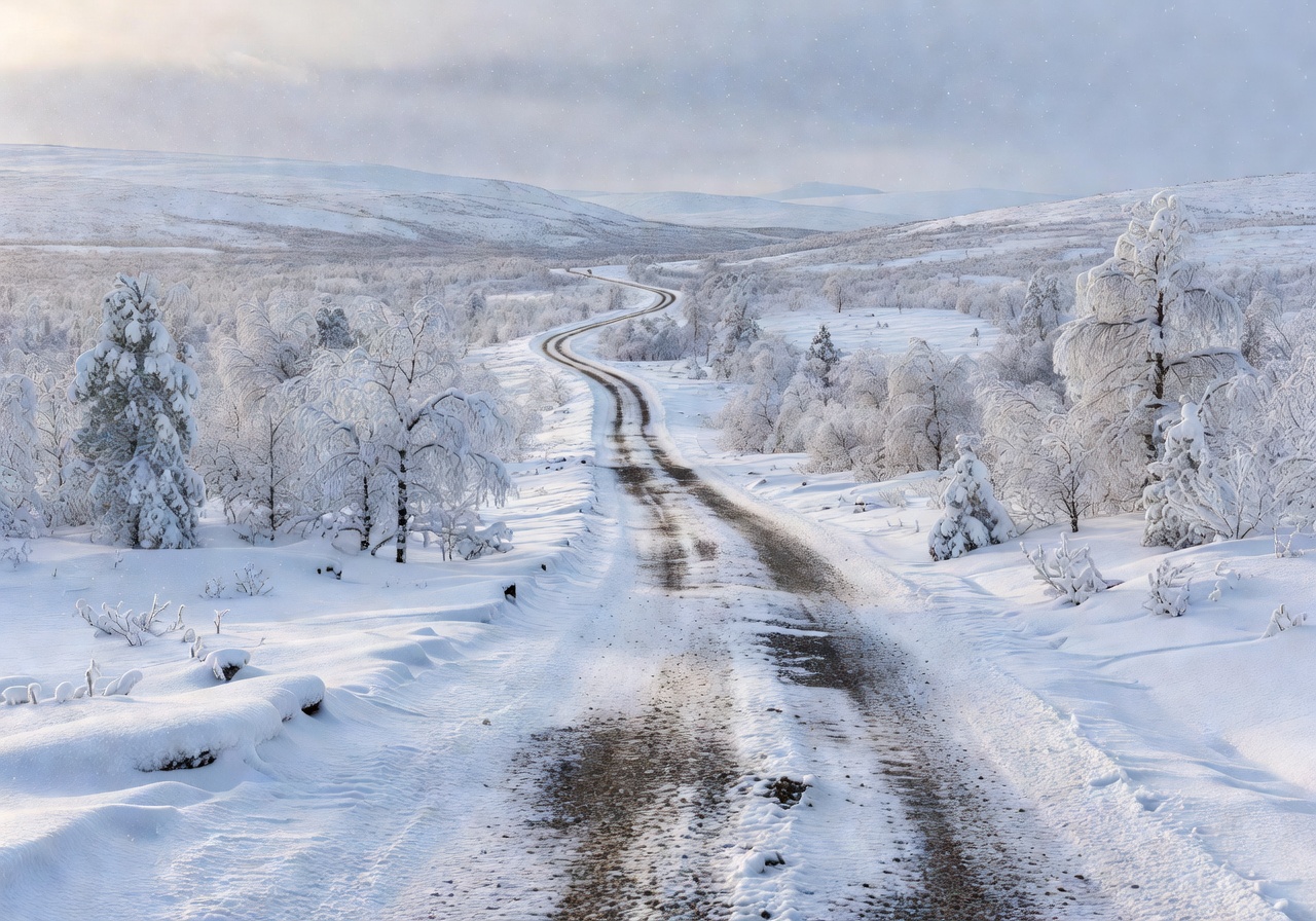Rugged scenic snow-dusted road in Arctic Circle Lapland